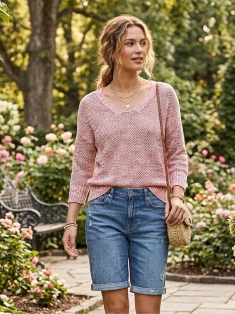 Club Monaco V-Neck Preppy Knit Peach Spring Summer Small Novelty Stitch